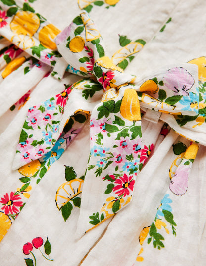 Schärpenkleid im Vintage-Stil-Sanftes Naturweiß Zitrone Blumenmuster-8