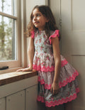 Tiered Lace Trim Dress-Festival Pink Ditsy Rose