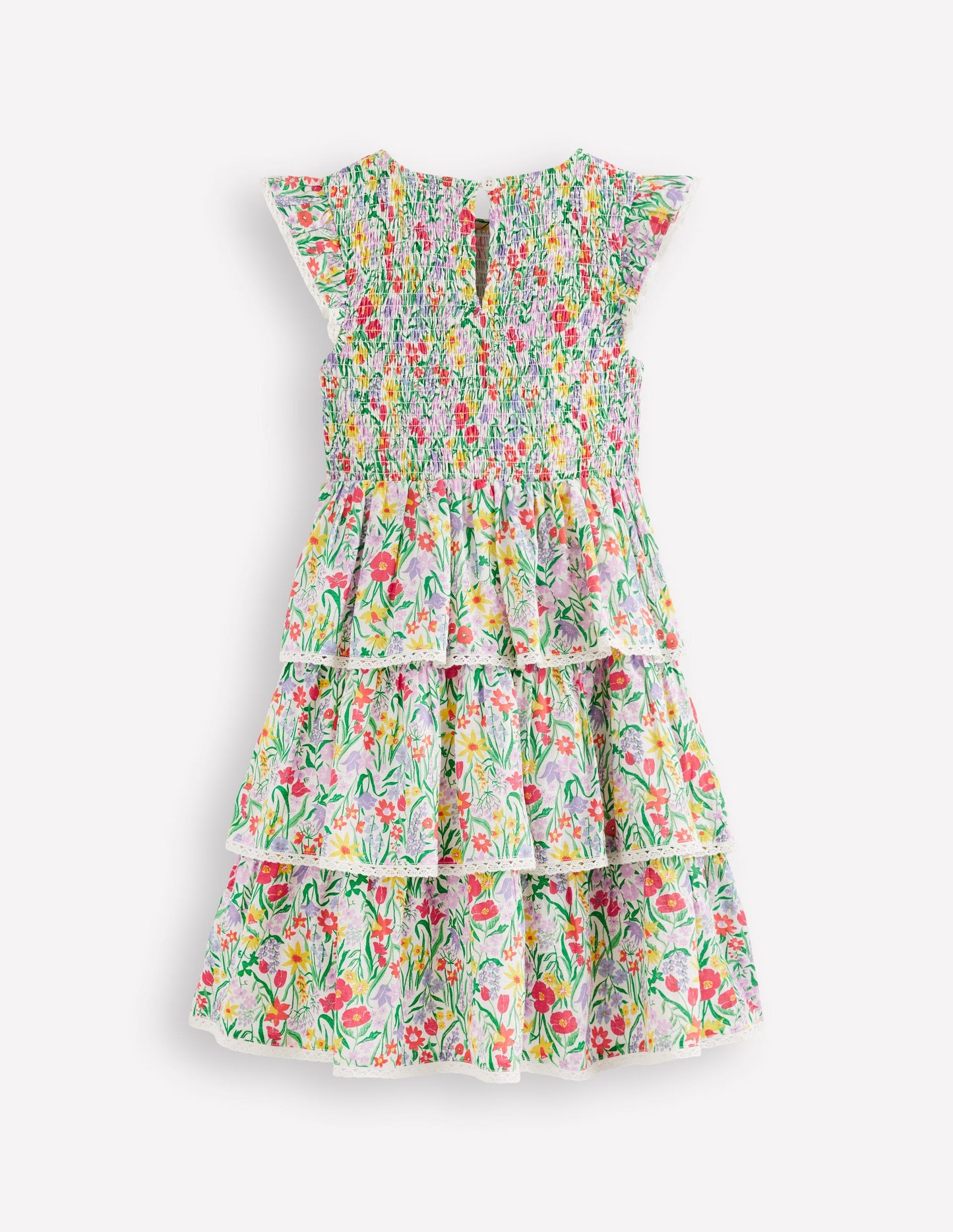 Gewebtes Stufenkleid mit Spitze-Bunt, Frühlingsblumen