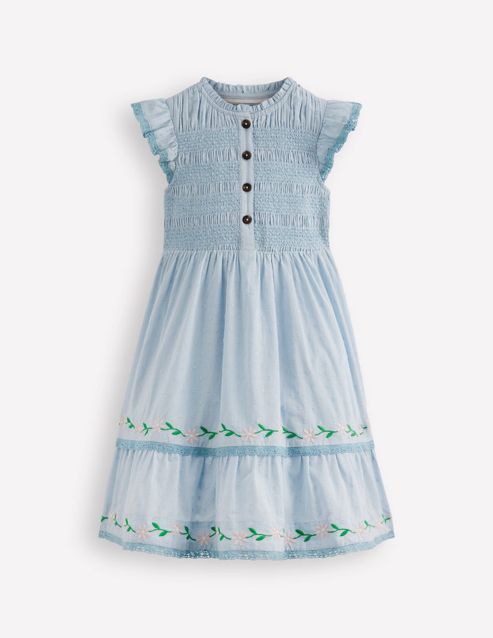 Midikleid mit gesmoktem Oberteil-Nebelblau