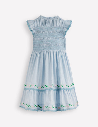 Midikleid mit gesmoktem Oberteil-Nebelblau-2