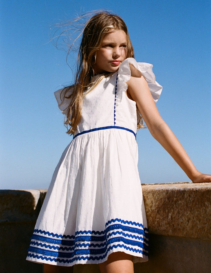 Flutter Sleeve Ric Rac Dress-Soft Ivory/ Bright Blue
