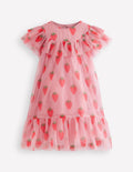 Tüllkleid mit Druck-Vintage-Rosa Erdbeere Stempel