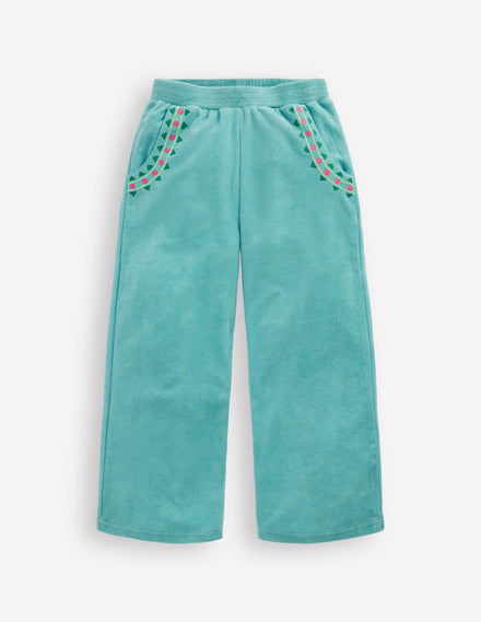 Frottee-Hose mit geradem Bein-Blaue Stickerei