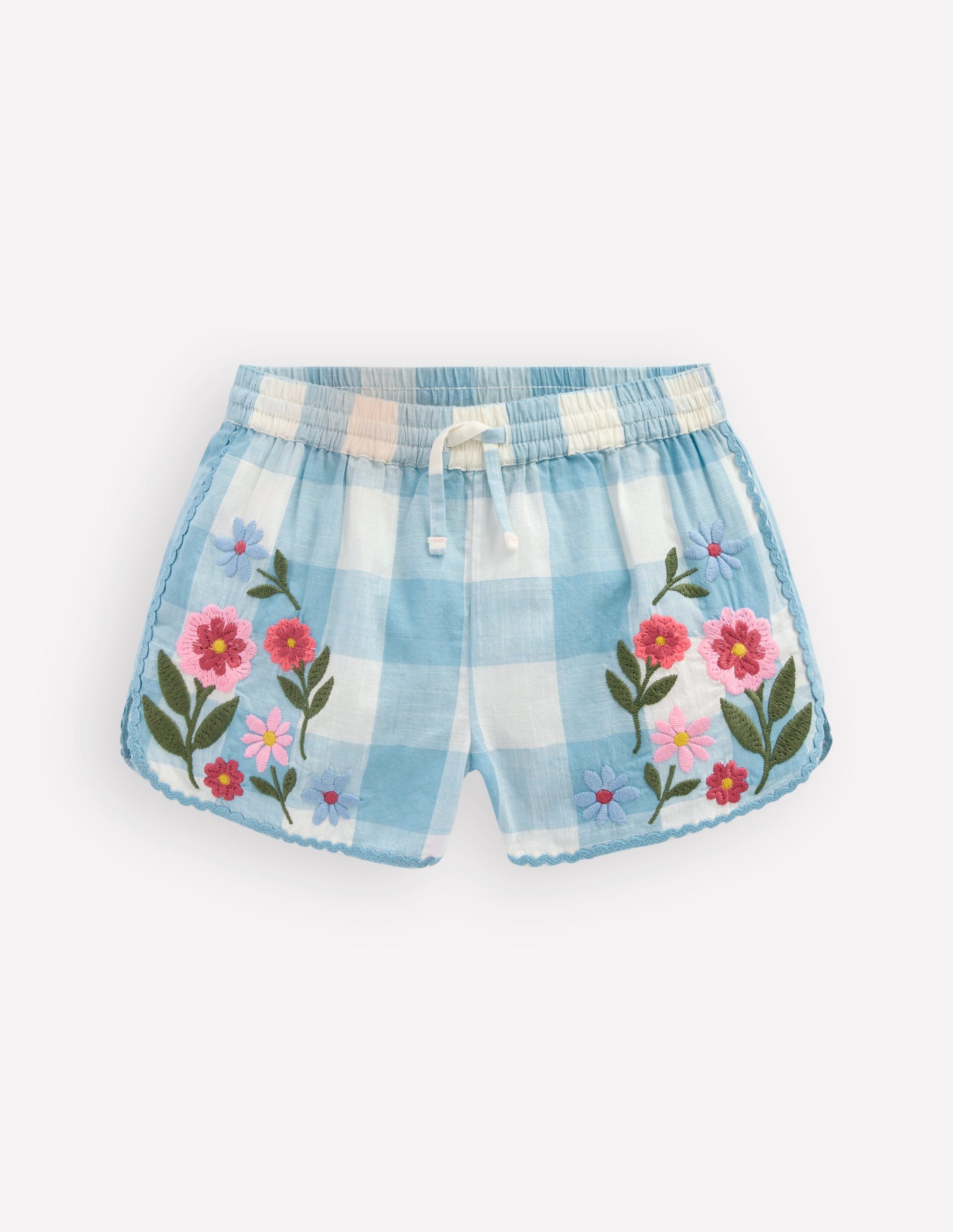Pull-on Woven Shorts-Blue Gingham Embroidery-2