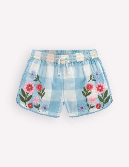 Gewebte Shorts zum Hineinschlüpfen-Blau Vichykaro Stickerei