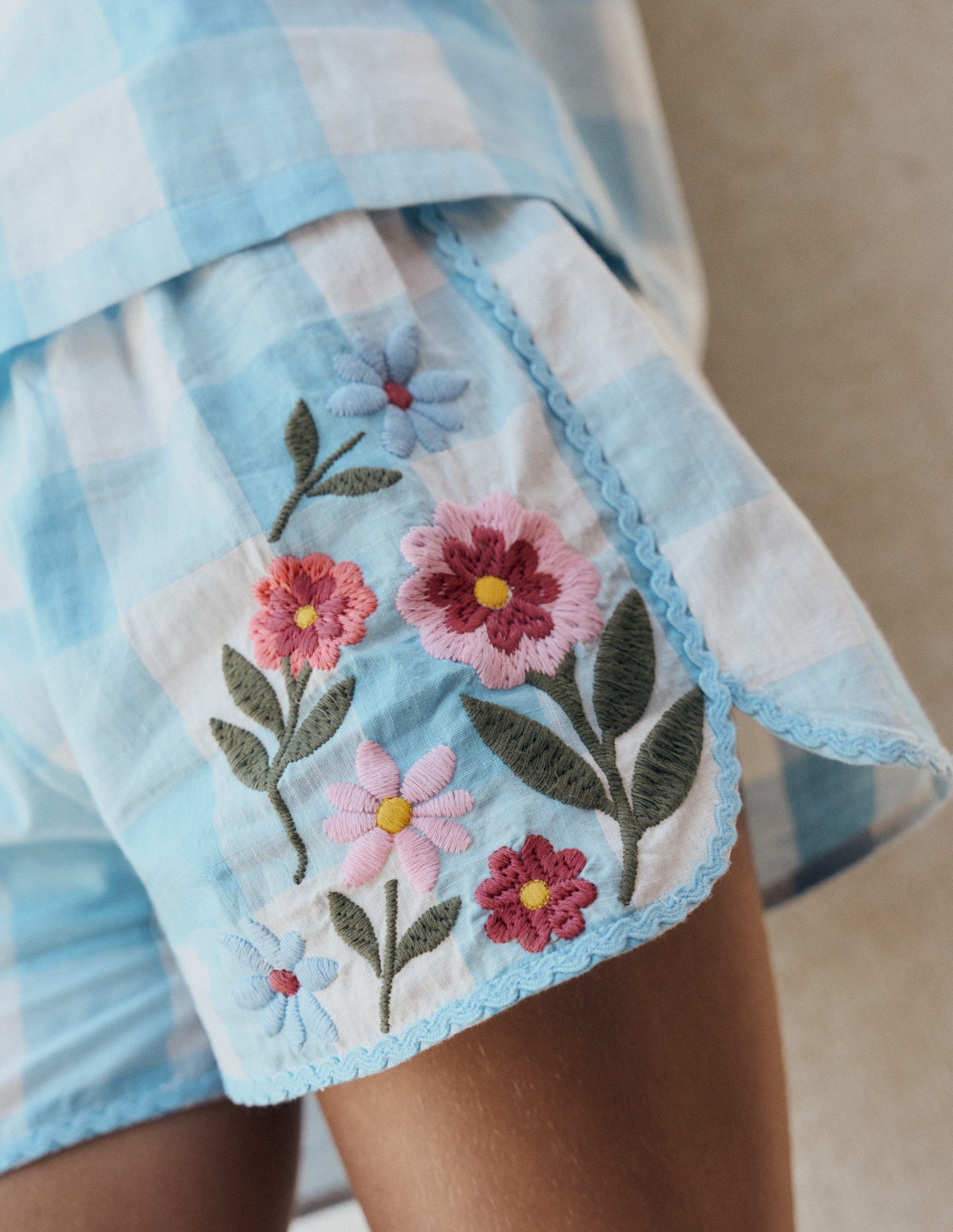 Pull-on Woven Shorts-Blue Gingham Embroidery-5