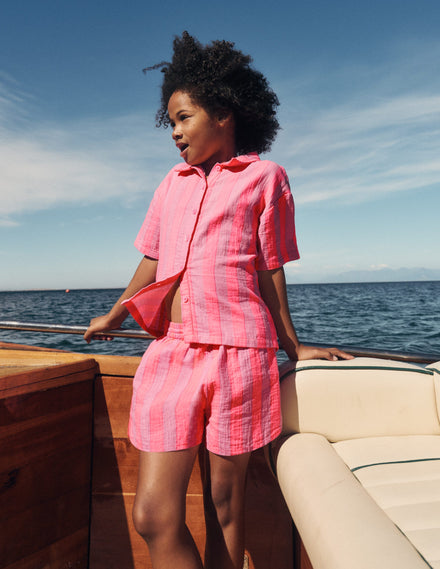 Short tissé à enfiler-Rayé Rose Formica