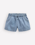 Short à taille volantée-Denim délavage clair