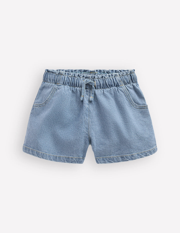 Shorts mit gerüschter Taille-Helle Waschung Denim