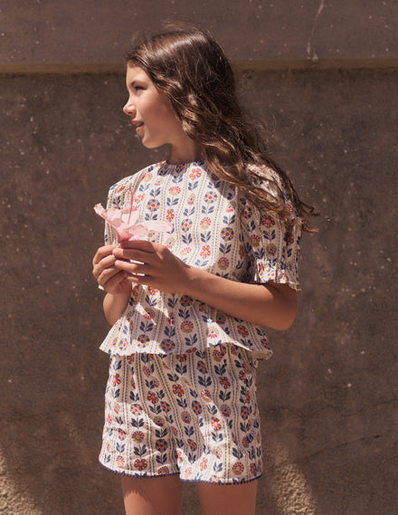 Freizeit-Shorts zum Hineinschlüpfen-Naturweiß, Blumenstreifen