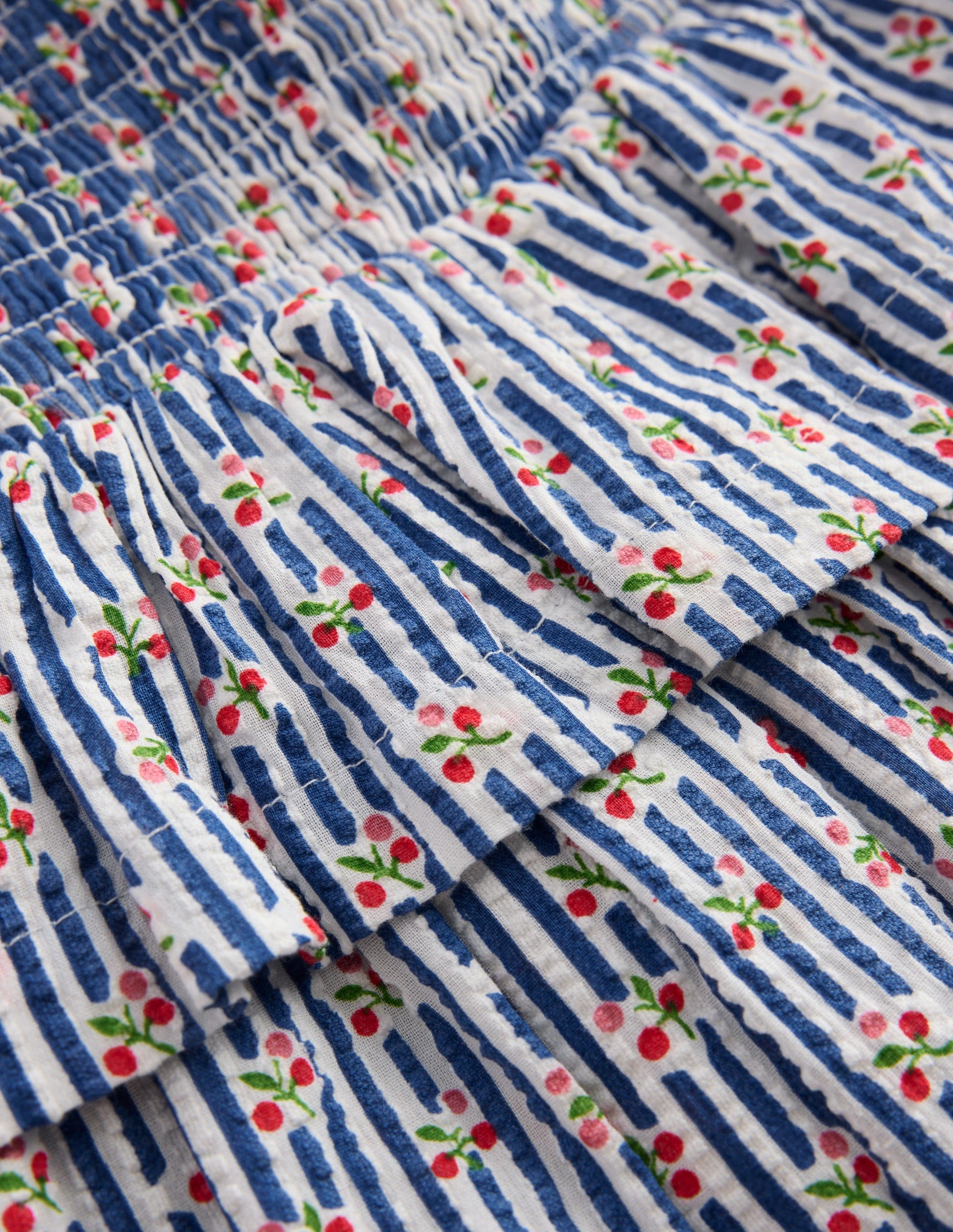 Gesmokter Taillenrock mit Rüschen-Blauhäher Kirschen Streifen-5