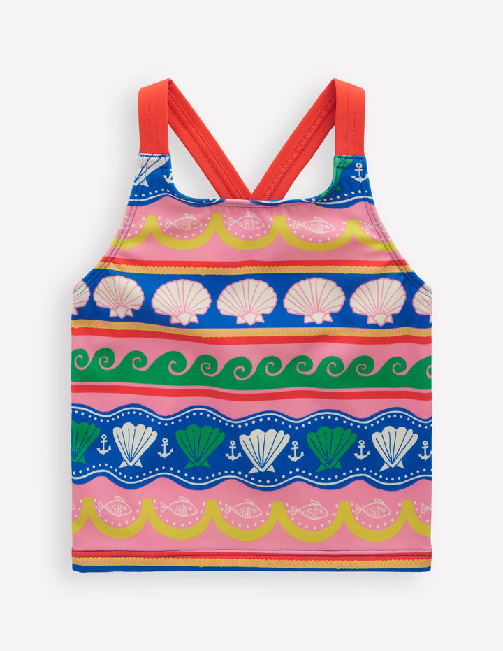 Top de tankini croisé dans le dos-Rayé coquillage multi