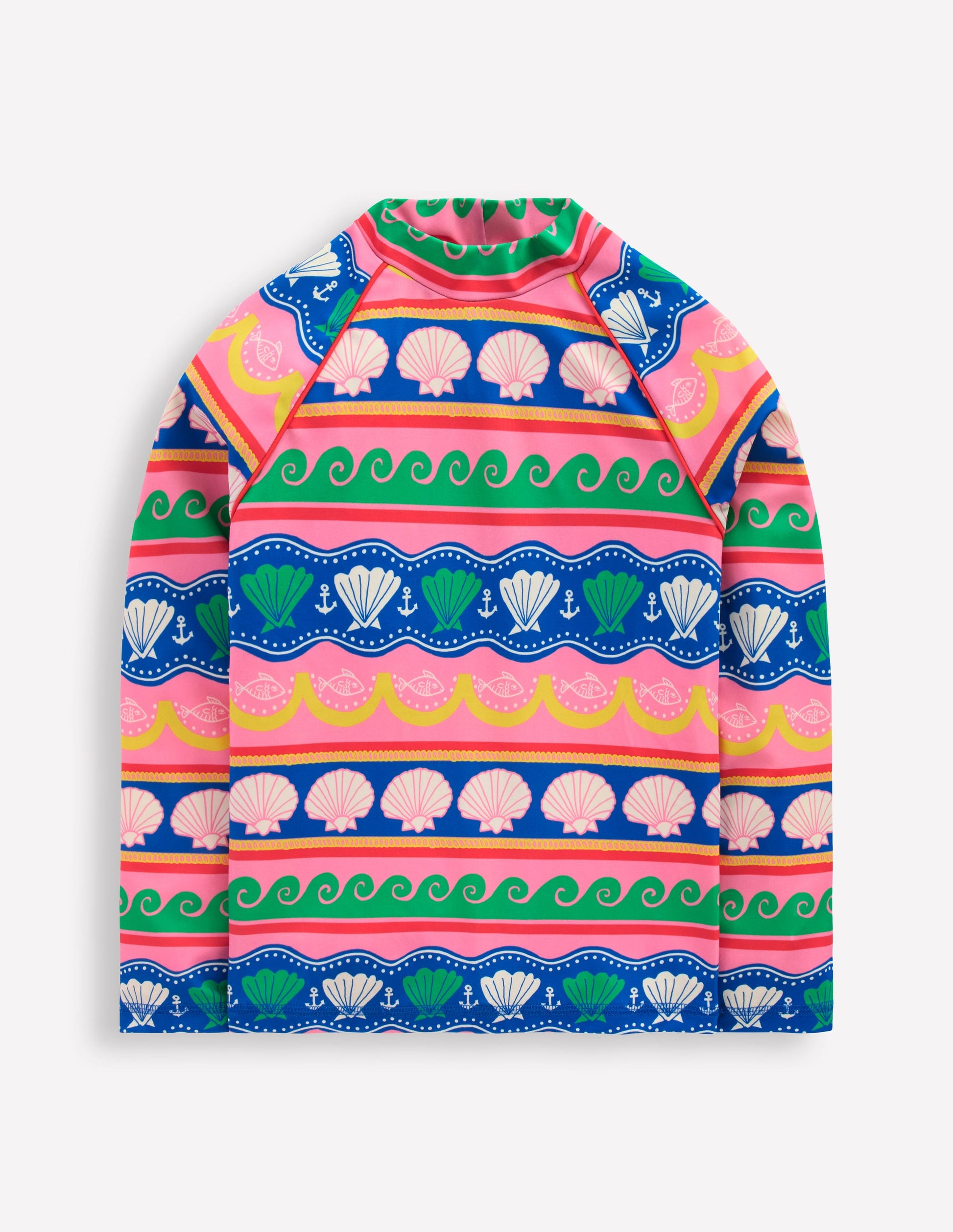 Gemustertes Badeshirt mit Sonnenschutz-Bunt Meer Muschel Streifen-1