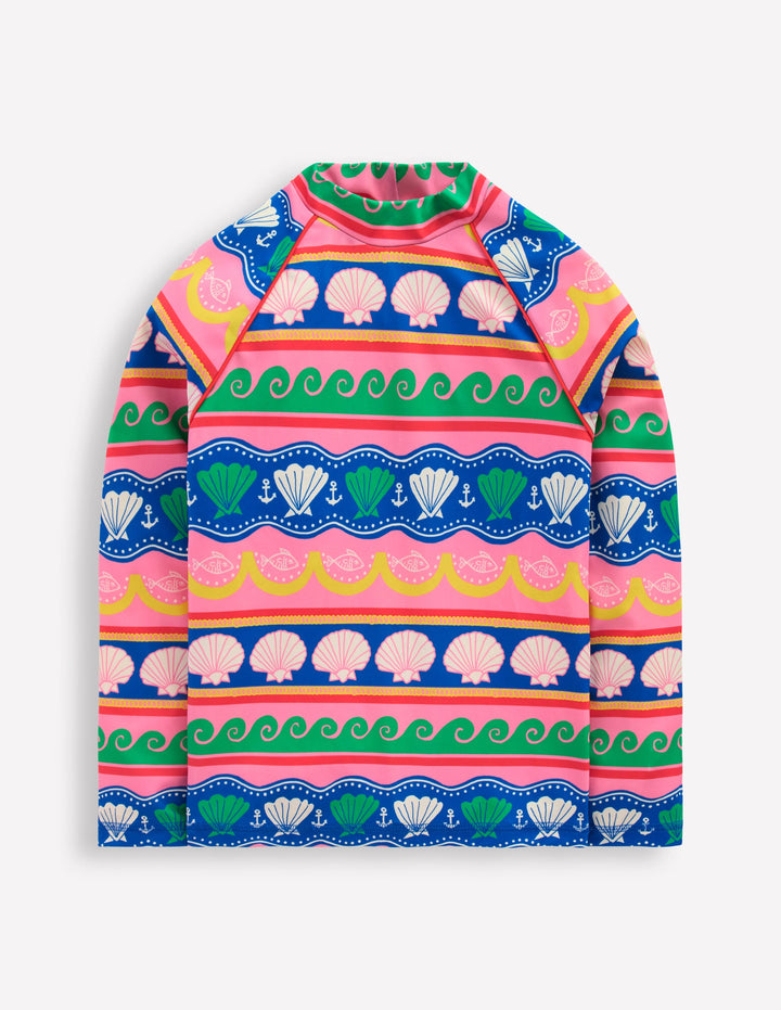 Gemustertes Badeshirt mit Sonnenschutz-Bunt Meer Muschel Streifen