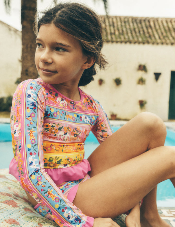 Langärmliges Bade-Set mit Rüschen-Bunt Tropische Tiere