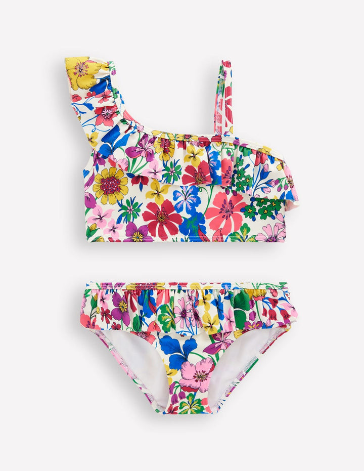 Bikini asymétrique à volants-Motif floral arc-en-ciel multi