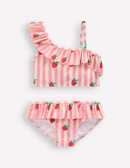 One Shoulder Frill Bikini Set-Pink strawberry stripe