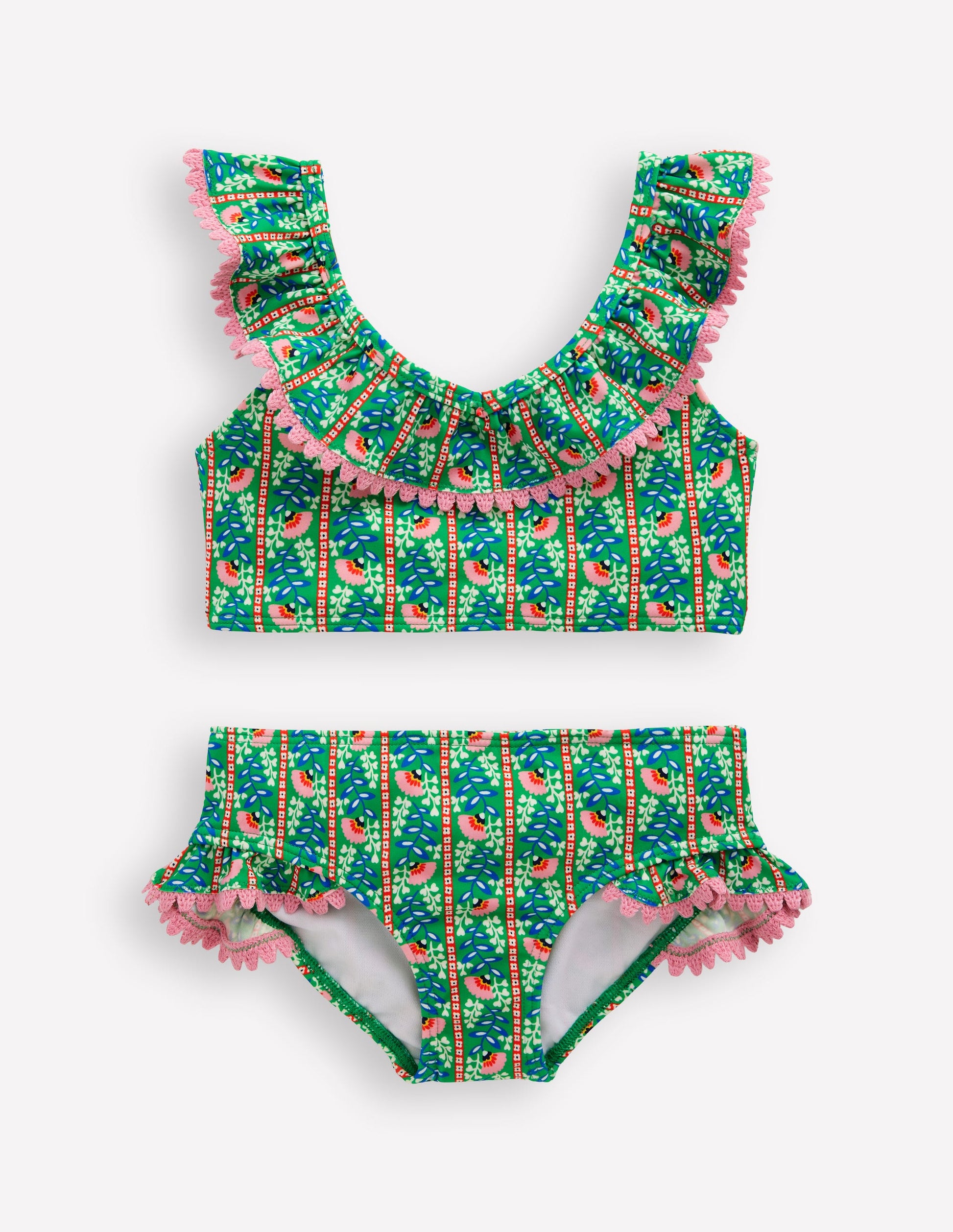 Frill V-neck Bikini Set-Bright green Floral Vine-1