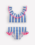 Frill V-neck Bikini Set-Denim Blue Stripe