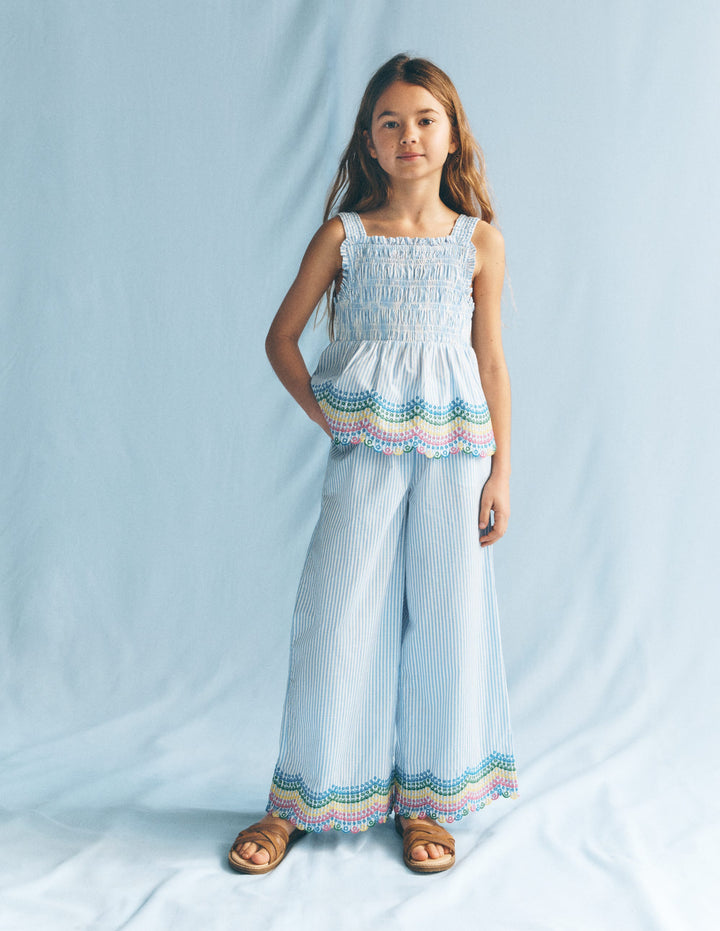 Hose mit Muschelsaum-Blau Drillich Regenbogen
