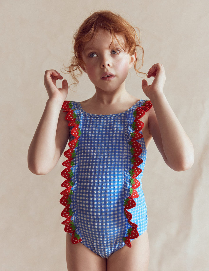 Badeanzug mit Rüschenbesatz-Gletscherblau Vichykaro