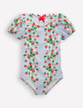 Puff Sleeve Swimsuit-Misty Blue Strawberry Vine