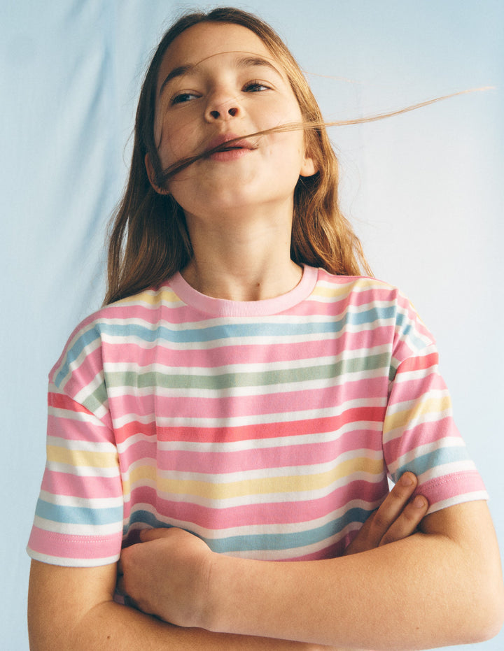 Lockeres Breton-T-Shirt-Ackerbohnengrün/Pink, Gestreift