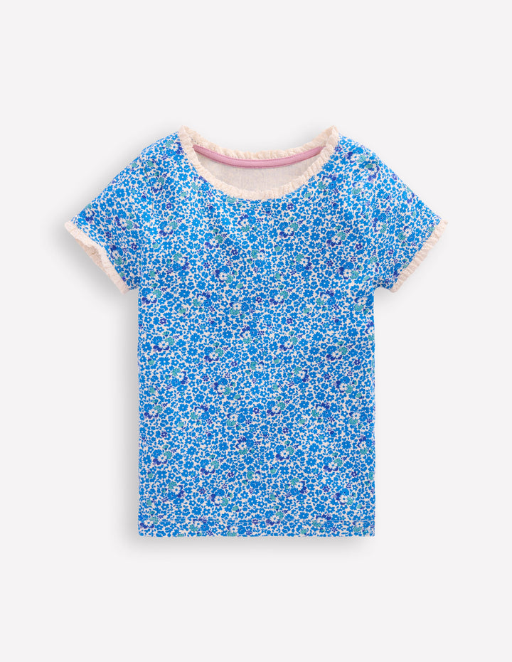 T-shirt côtelé à manches courtes-Petites fleurs bleu cabanon