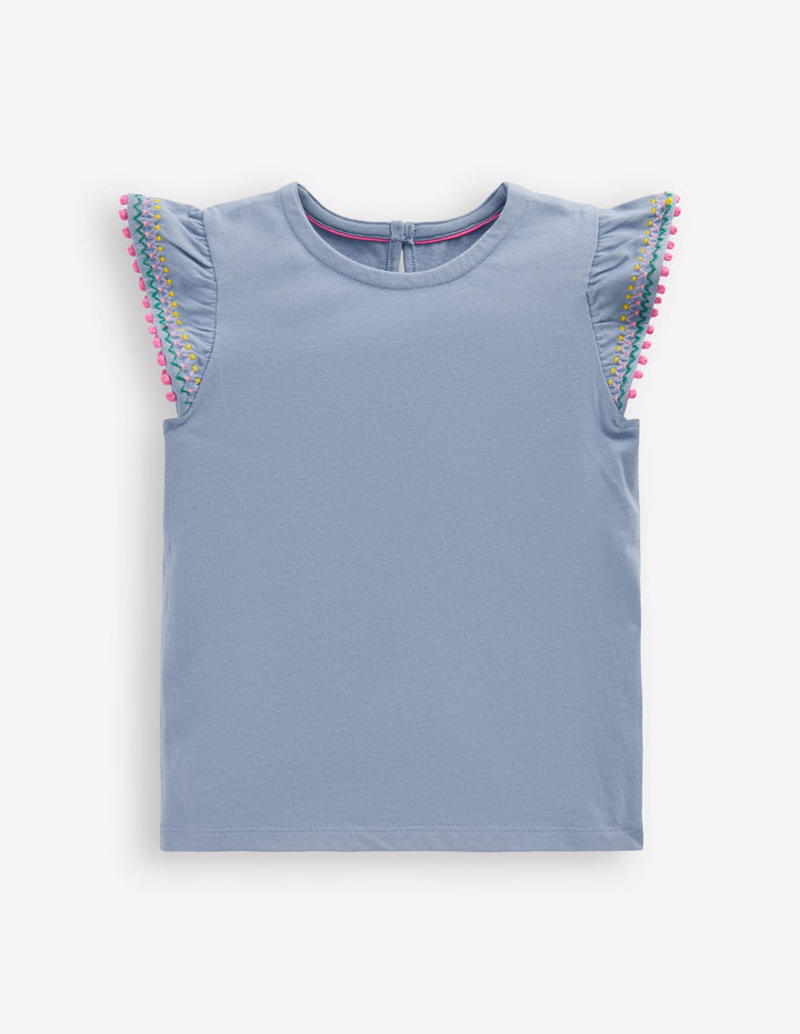 Top à manches virevoltantes et détails-Bleu sel