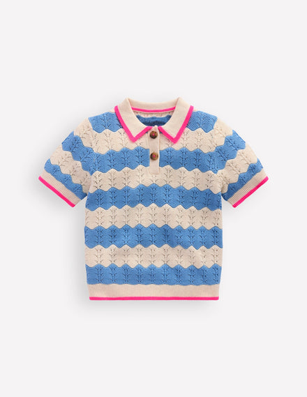 Pointelle Knitted Polo Top-Wave Blue
