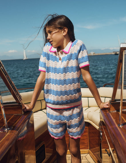 Poloshirt aus Pointelle-Strick-Wellenblau