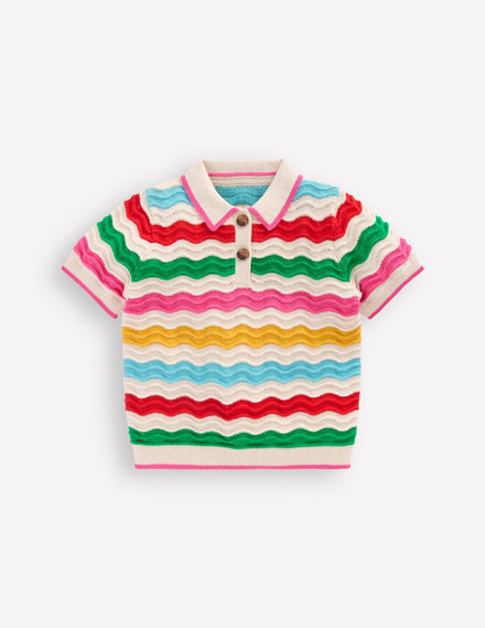 Poloshirt aus Pointelle-Strick-Beige Meliert Bunt Welle