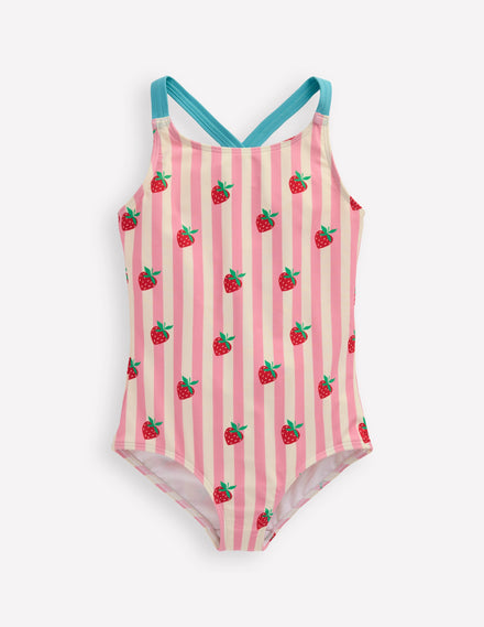 Cross-Back Printed Swimsuit-Pink Strawberry Stripe
