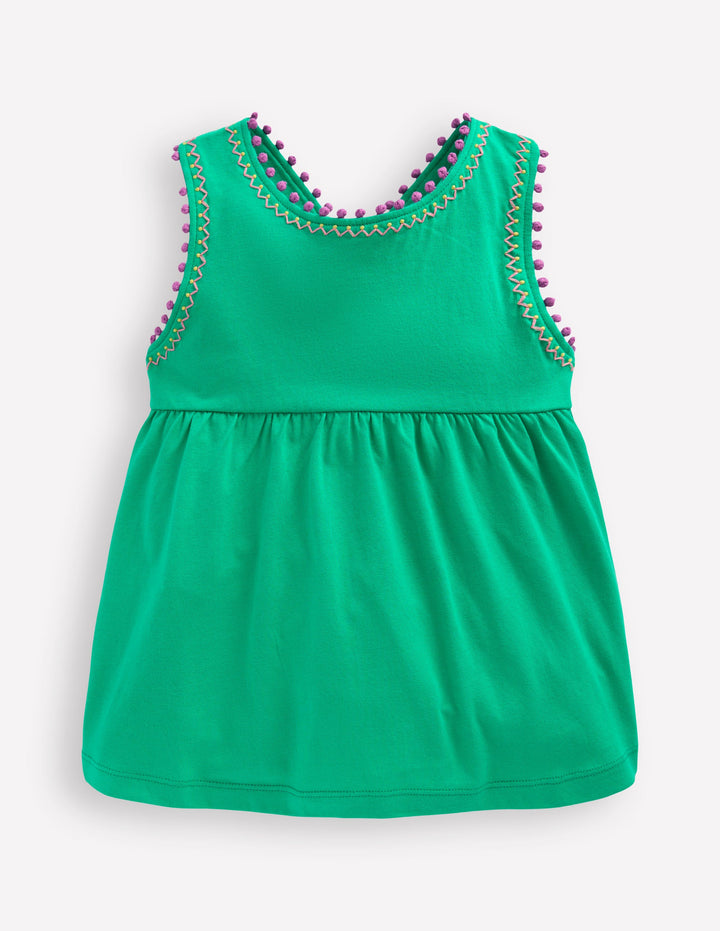 Oberteil mit überkreuzten Rückenträgern und Bommelbesatz-Aquamarinblau