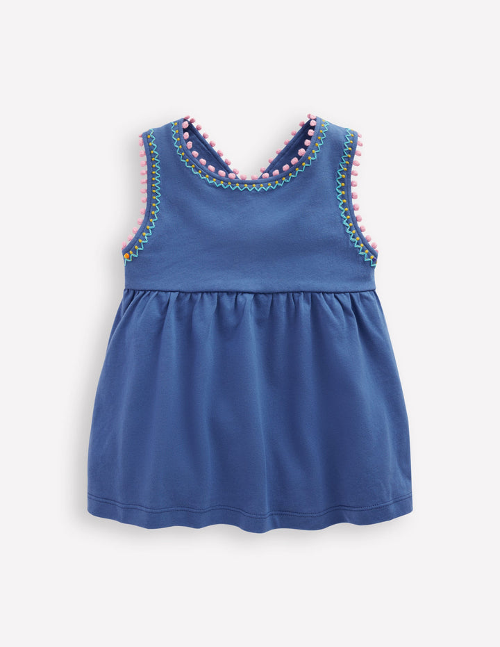 Top à dos croisé détail pompons-Bleu azur