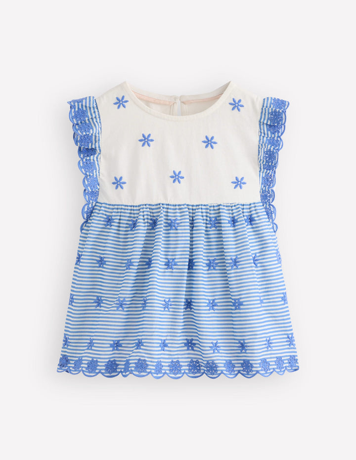 Top en tissu mélangé à broderie anglaise-Coutil bleu