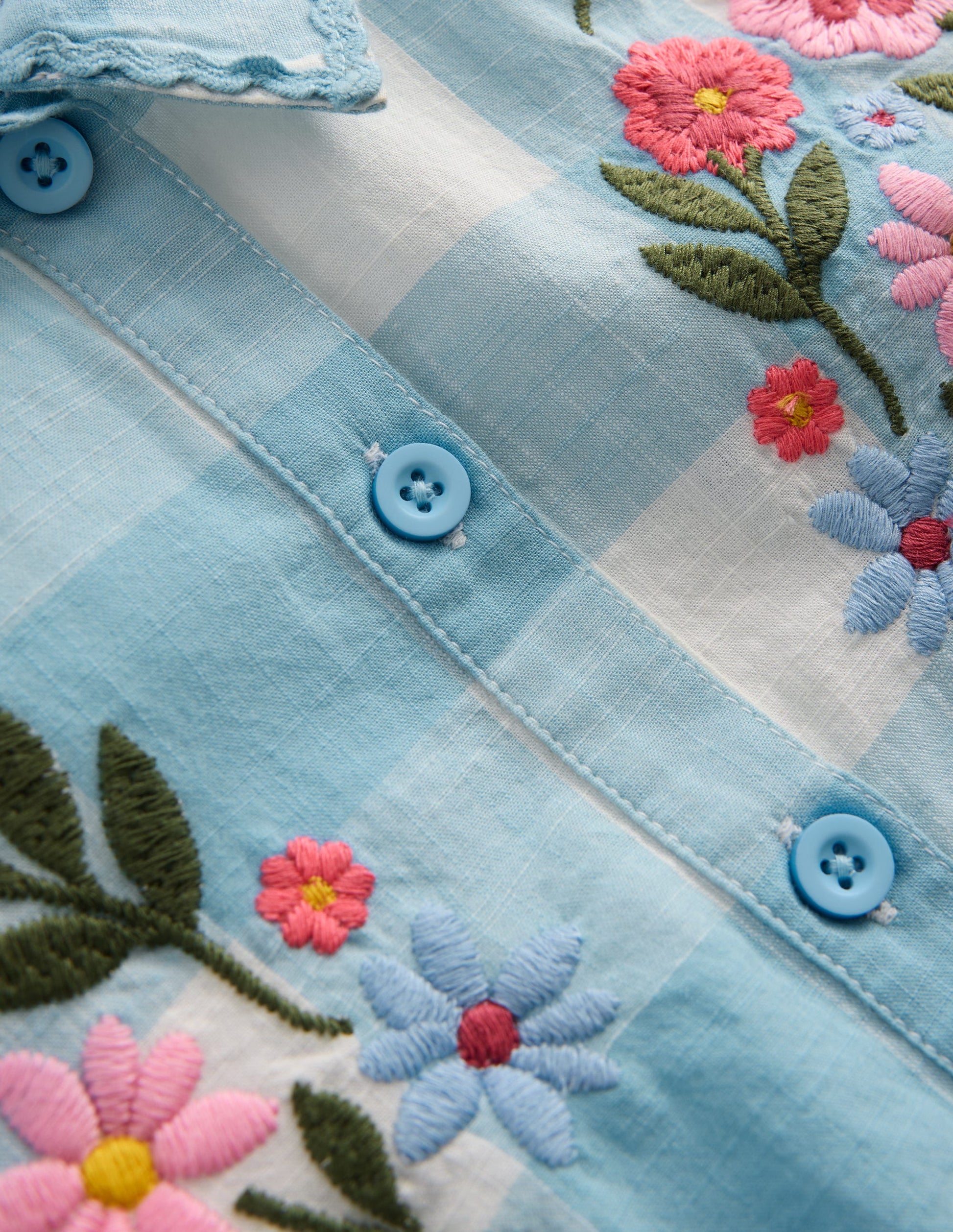 Short Sleeve Relaxed Shirt-Blue Gingham Embroidery-4