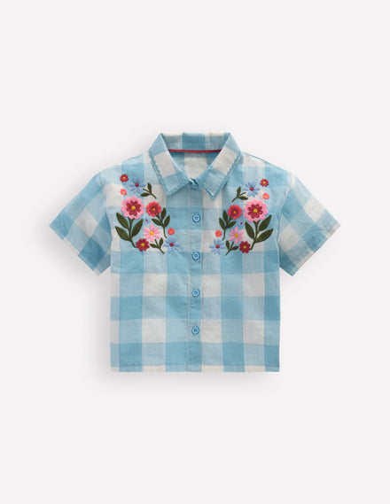 Chemise décontractée à manches courtes-Broderie vichy bleu