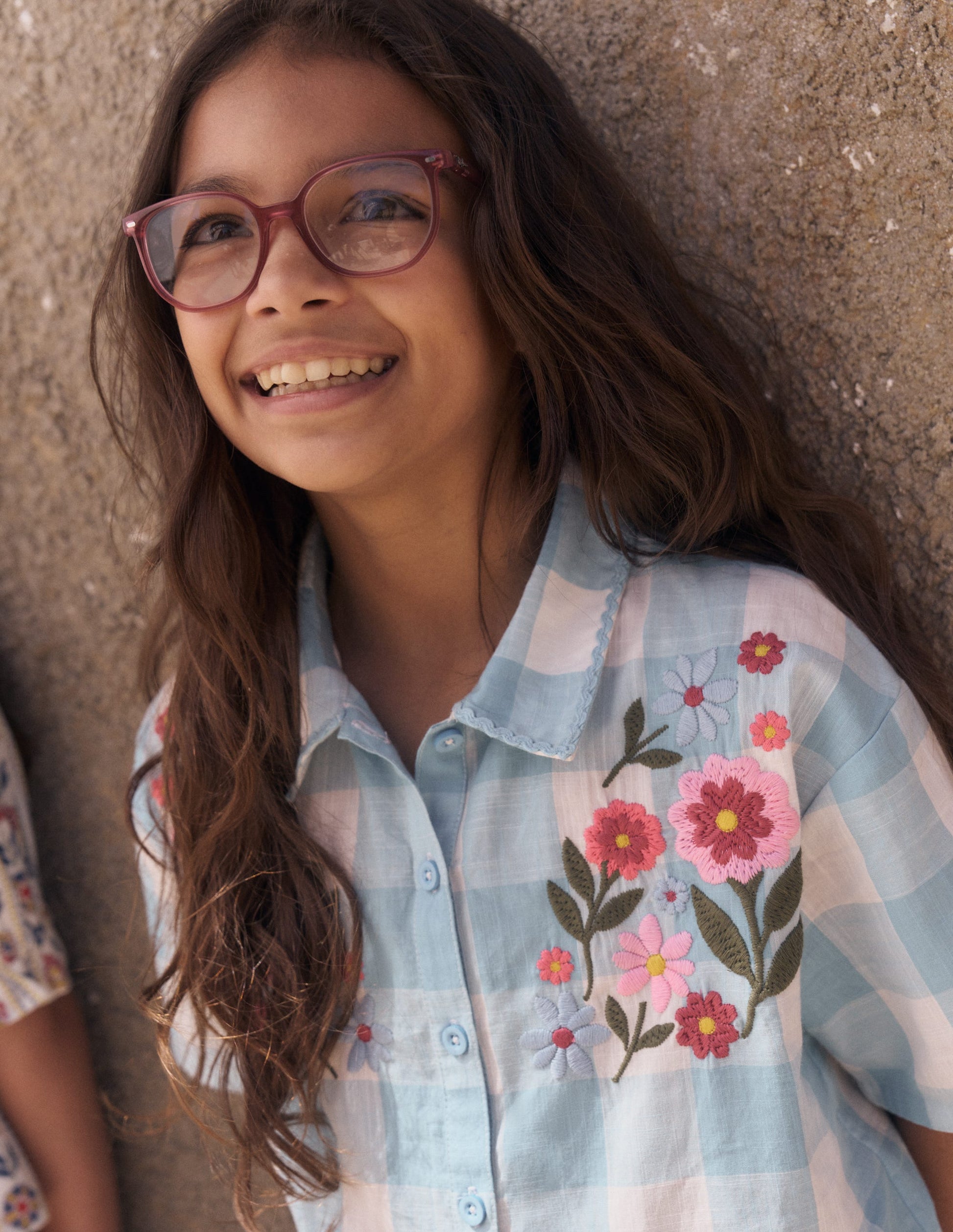 Short Sleeve Relaxed Shirt-Blue Gingham Embroidery-1