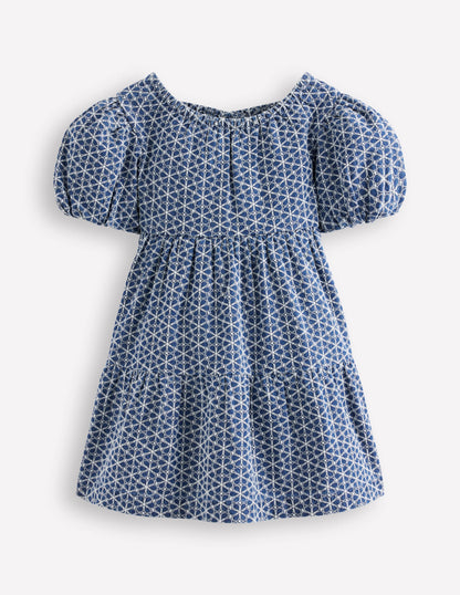 Robe croisée dans le dos à manches bouffantes-Broderie anglaise chambray-2
