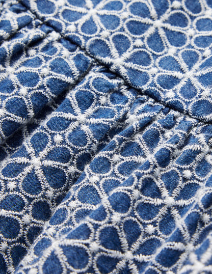 Robe croisée dans le dos à manches bouffantes-Broderie anglaise chambray-4