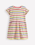 T-Shirt-Kleid aus Jersey-Kastanienbraun, Rosa und Blau Streifen