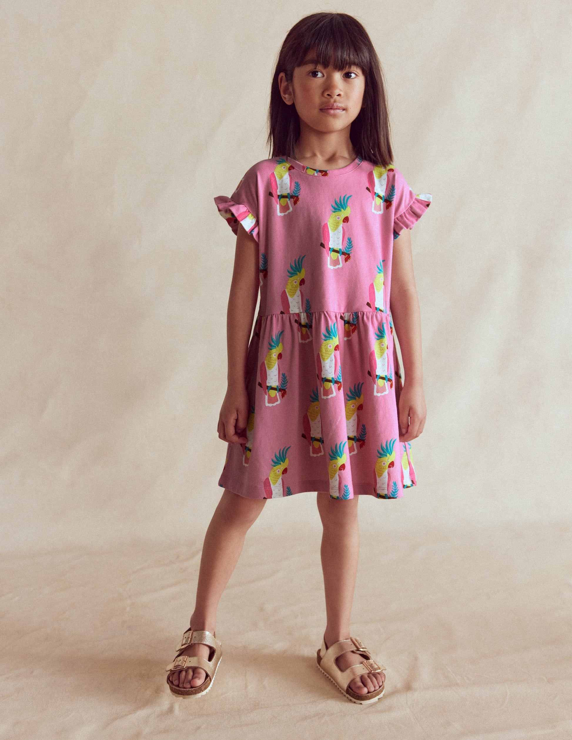 Jersey T-Shirt Dress-Flamingo Pink Tropical Bird-1