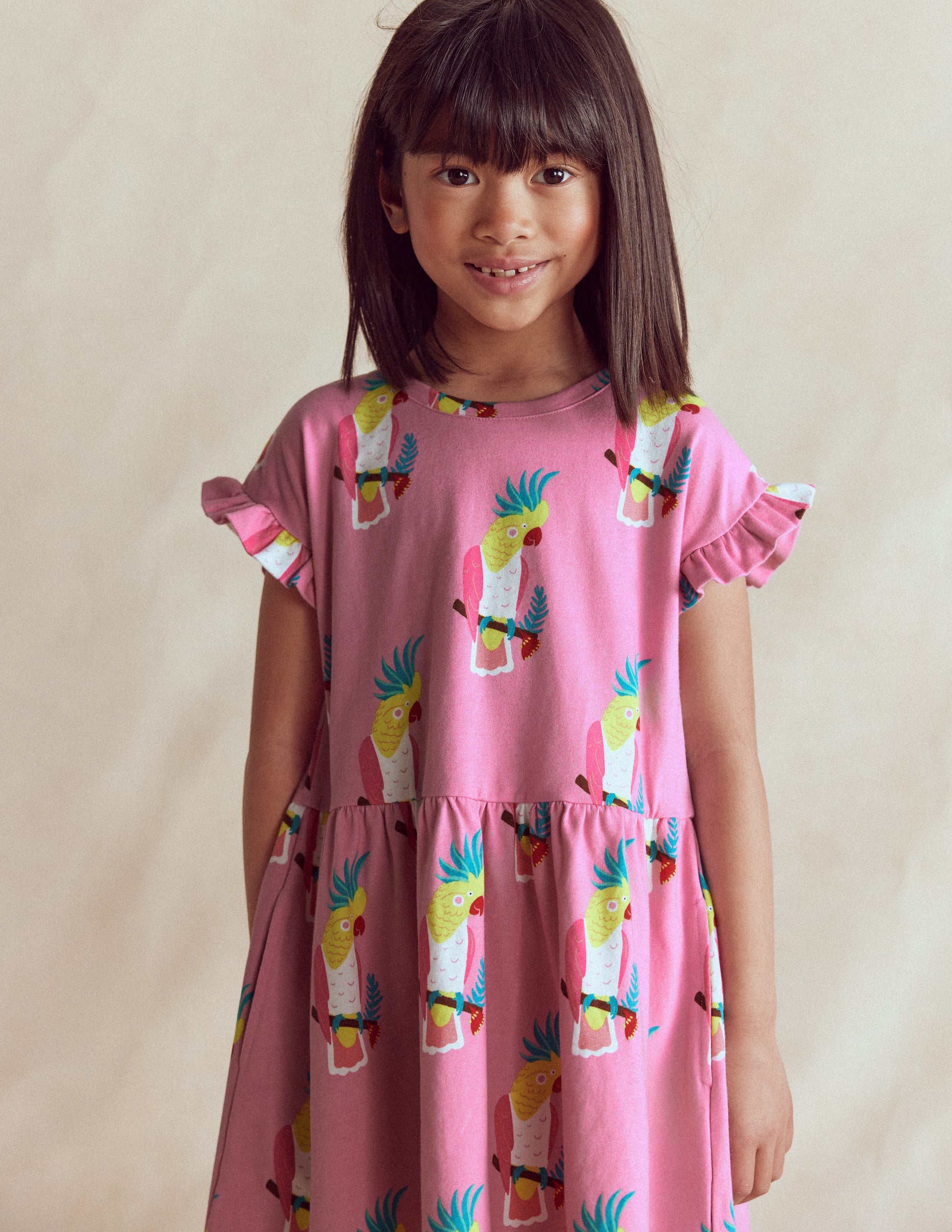 Jersey T-Shirt Dress-Flamingo Pink Tropical Bird-2