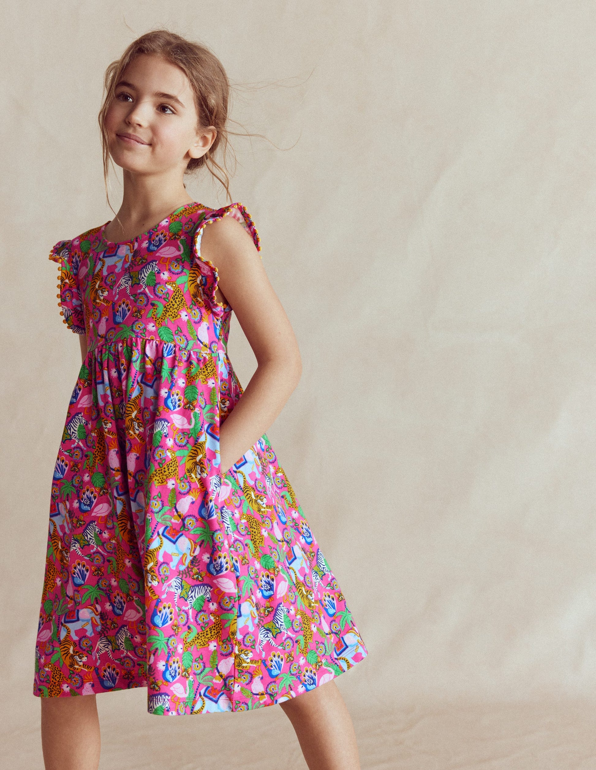Jerseykleid mit Schleife am Rücken-Flamingo Pink Dschungeltiere-2
