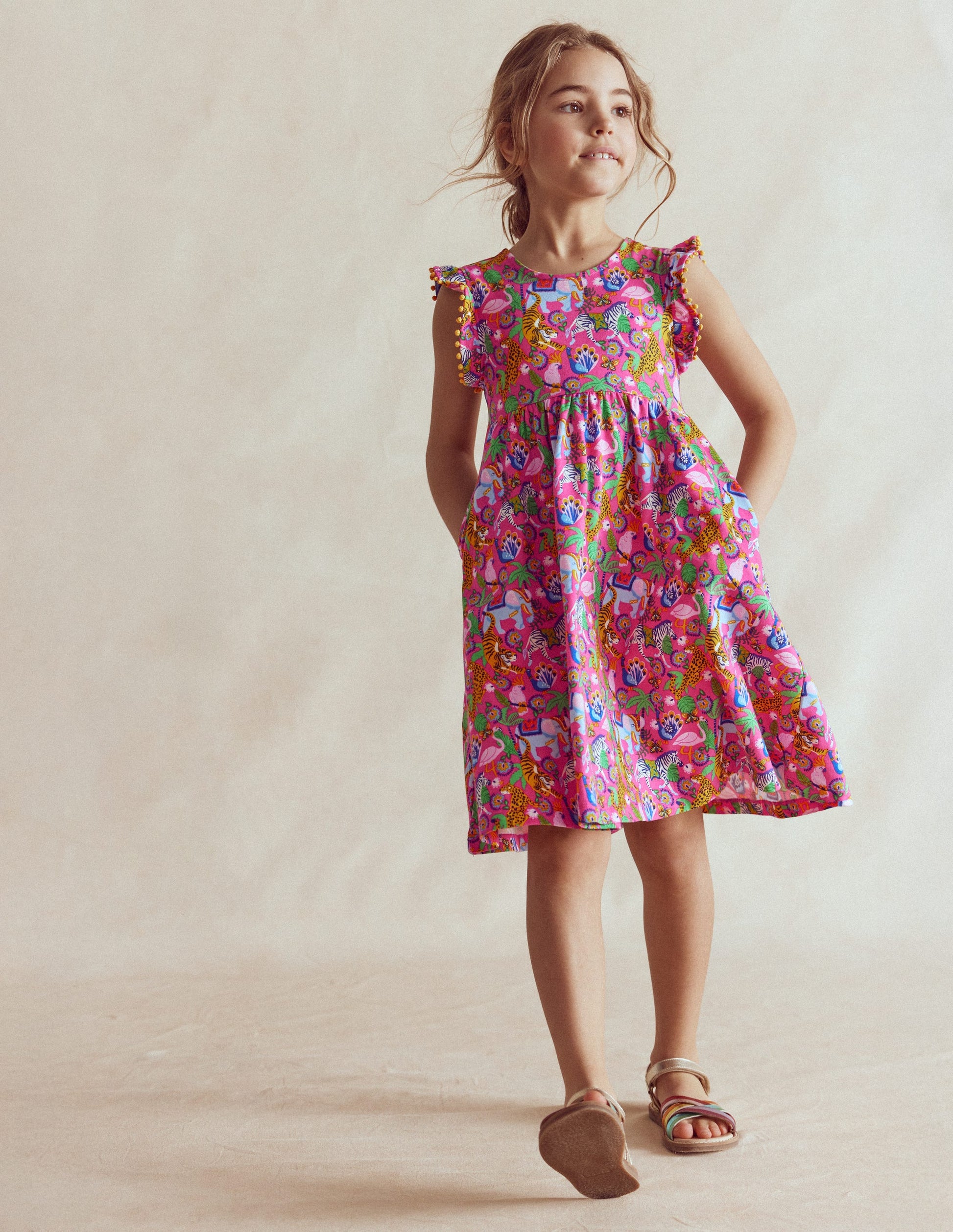 Jerseykleid mit Schleife am Rücken-Flamingo Pink Dschungeltiere-3