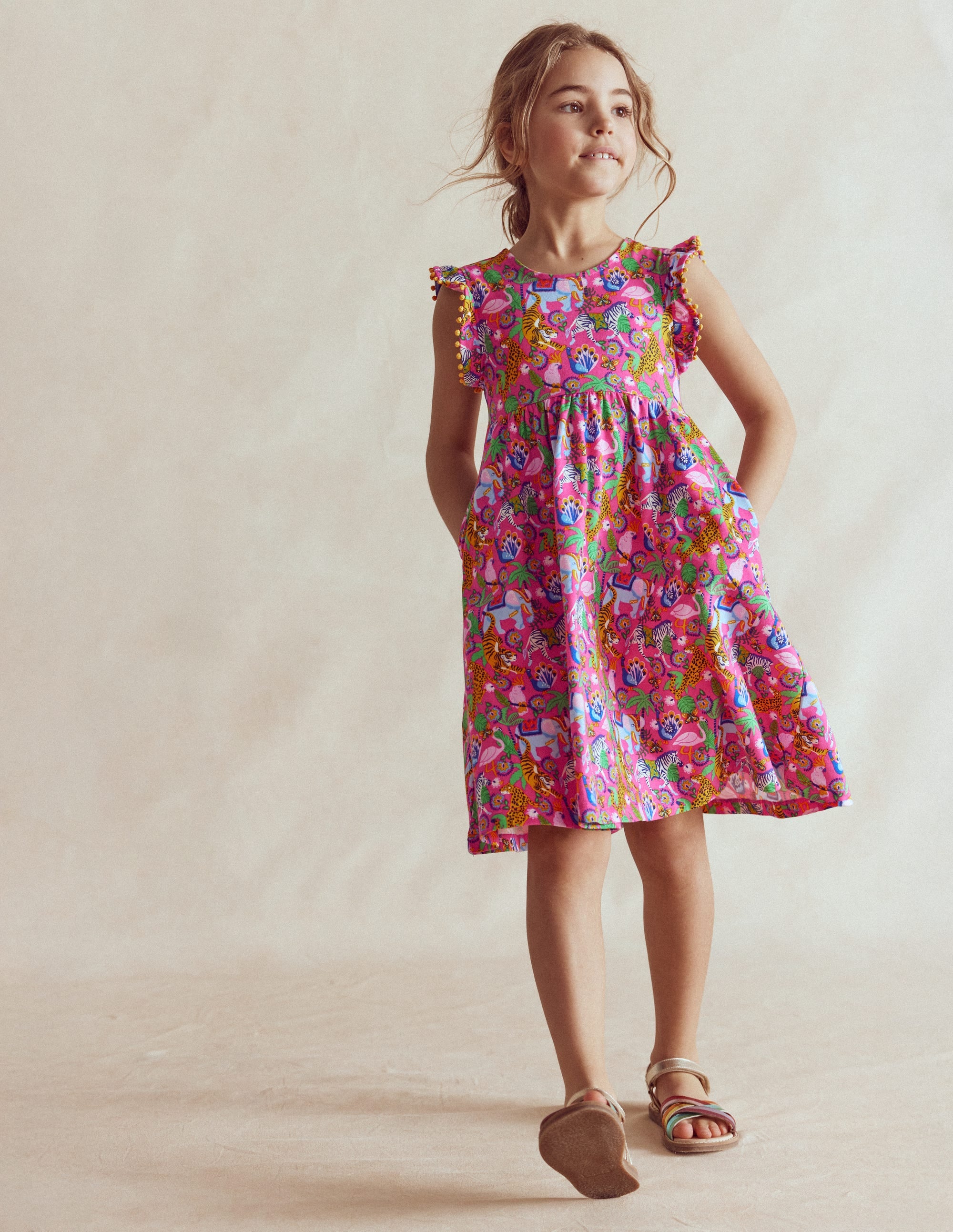 Robe Clover en jersey avec nœud au dos-Animaux de la jungle rose flamant - Image 3