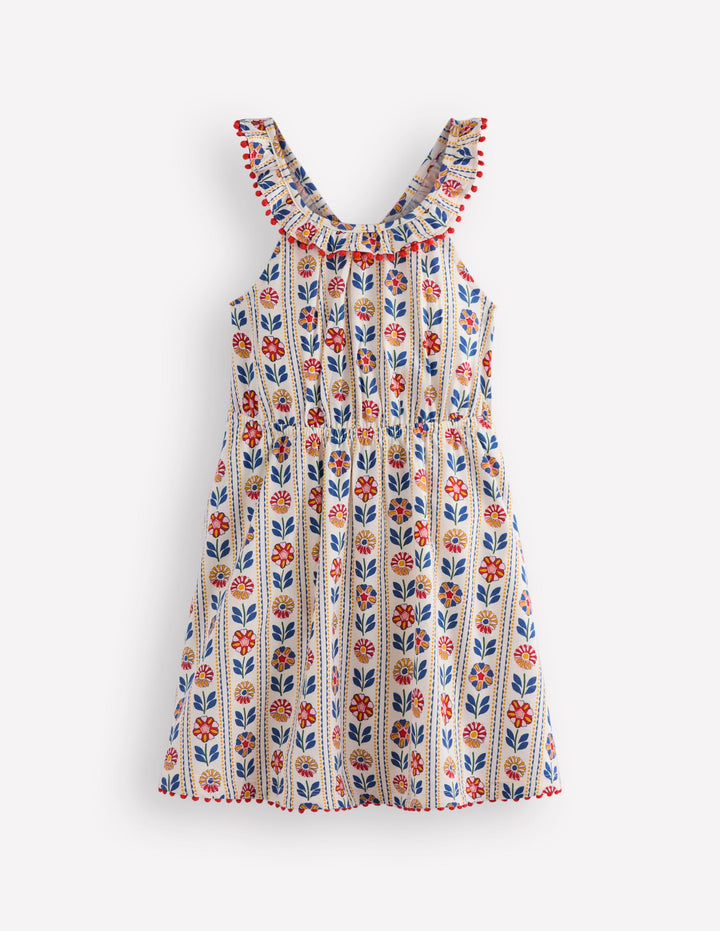 Neckholderkleid mit Rüschenausschnitt-Sanftes Naturweiß Holzblock Blumenmuster