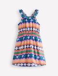 Ruffle Neck Trim Dress-Multi Seashell Stripe